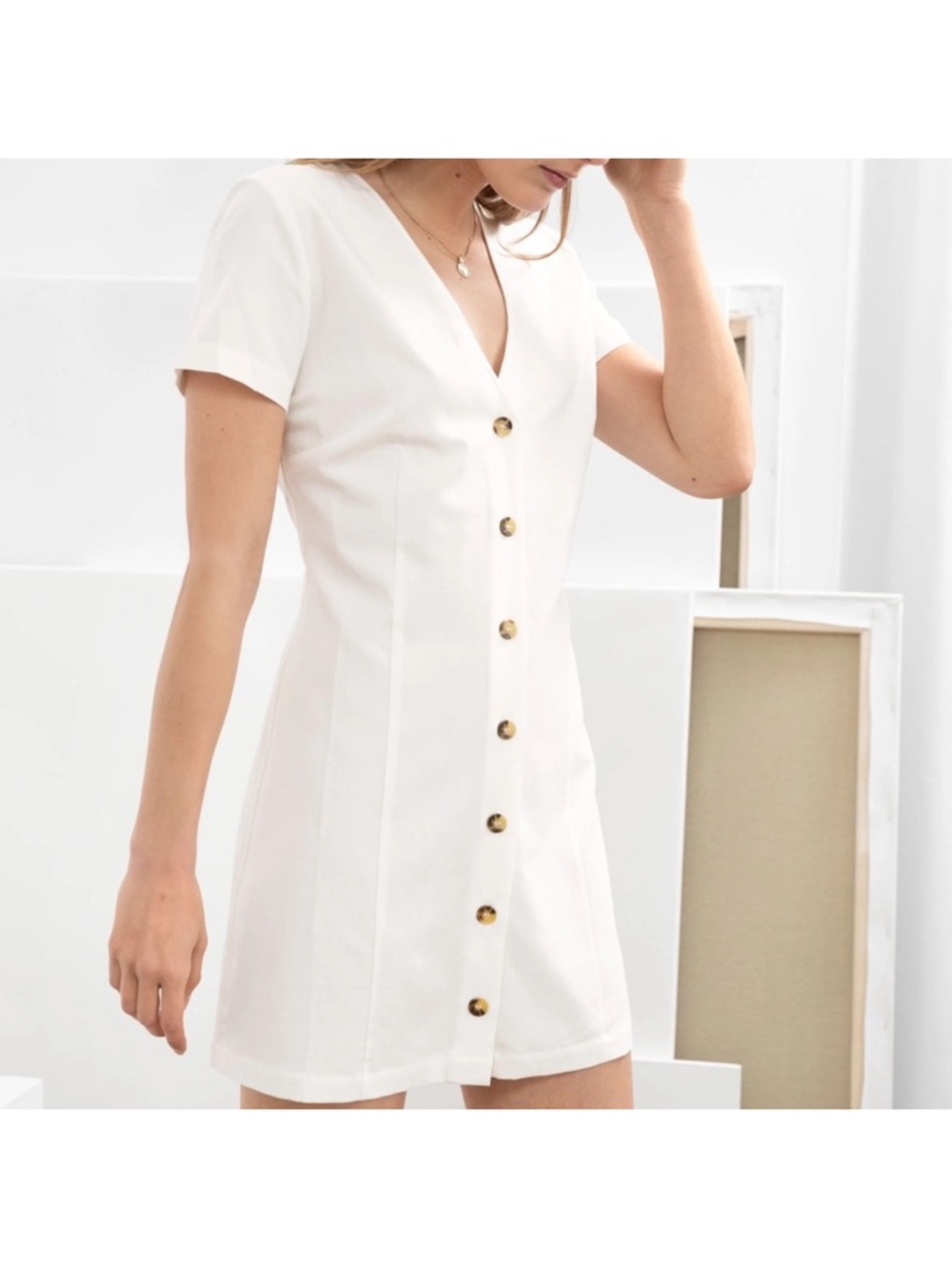 & Other Stories Cream Short Button-Front V-Neck Dress